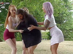 CFNM outdoor British babes wank cock in group HJ action