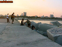 Public slut assfucked in front voyeurs after outdoor deep BJ