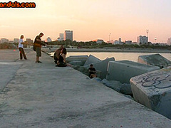 Public slut assfucked in front voyeurs after outdoor deep BJ