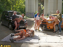 Cab nympho bitches fucked in group sex by big white dicks