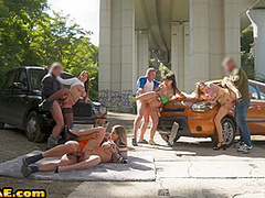 Cab nympho bitches fucked in group sex by big white dicks