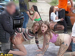 Cab nympho bitches fucked in group sex by big white dicks