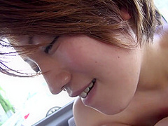 Short hair beautiful Japanese amateur outdoor oral and sweaty car sex