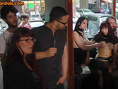 Public BDSM anal babe fucked and whipped in front audience