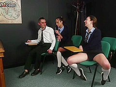 CFNM college babes suck cock in 3way in front voyeur teacher