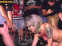 Public rimjob slut throat fucked in voyeuristic 3some