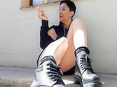 Smoking On The Sidewalk Without Panties In Public