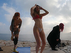 Three Girls Doing Naked Yoga On The Beach Early Spring Hard Nipples