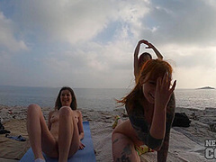 Three Girls Doing Naked Yoga On The Beach Early Spring Hard Nipples