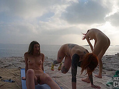 Three Girls Doing Naked Yoga On The Beach Early Spring Hard Nipples