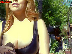 Horny femina loves jerking big dick outdoor in nature