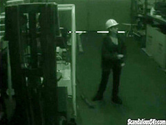 Warehouse slut sucks on dick