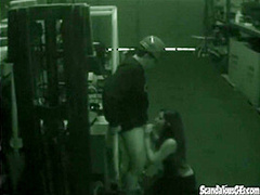 Warehouse slut sucks on dick