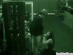 Warehouse slut sucks on dick