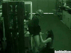 Warehouse slut sucks on dick