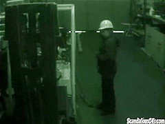 Warehouse slut sucks on dick