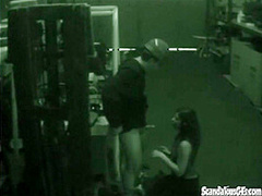 Warehouse slut sucks on dick