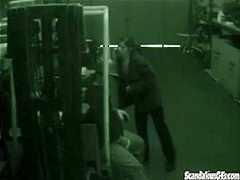 Warehouse slut sucks on dick