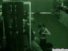 Warehouse slut sucks on dick