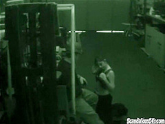 Warehouse slut sucks on dick