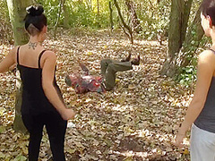 Training their old pet slave in the forest by Femdom Austria