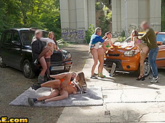 Sexy cab babes fucked in group sex outdoor in wet pussy