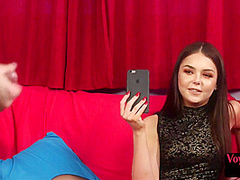 Voyeur CFNM babe teases man who strokes cock on her