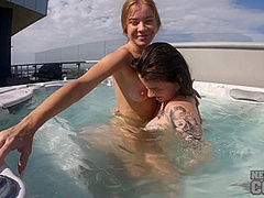 Two Really Hot Babes Naked Rooftop Sunbathing Followed By Nude Jacuzzi Underwater Wet Fun