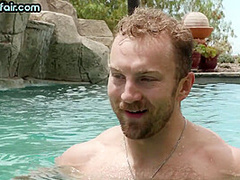 Bisex outdoor babe sucks cocks in swimming pool 3some