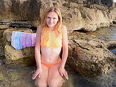Hot Ginger Model Lea Masturbating On The Beach With A Dildo While On Vacation