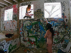 Brille And Cheri Tagging Graffiti Nude While On Vacation And Laying On A Topless Beach