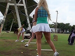 Two Hot Girls Play Golf With Sexy Busty Lady Outdoors