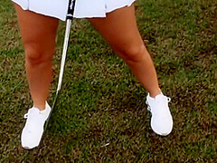 Two Hot Girls Play Golf With Sexy Busty Lady Outdoors