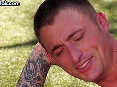 Bisex redhead babe rides cocks outdoor in MMF 3some