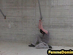Military femdoms give BDSM ballbusting 3some outdoor