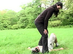Outdoor trampling punishment with muddy shoes by Femdom Austria
