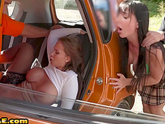 Cab bitches fucked outdoor by drivers in group fucking