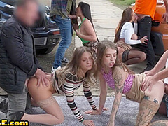 Cab bitches fucked outdoor by drivers in group fucking