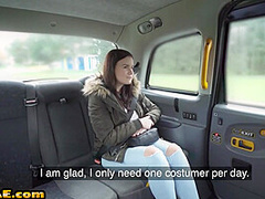 Greedy taxi babe fucked outdoor in cab by taxi driver