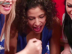 CFNM IR cheerleaders wank Black man in locker room group HJ