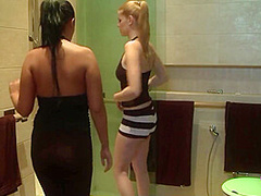 Brunette With A Big Ass Eats Out A Skinny Blondes Tight Pussy In The Shower