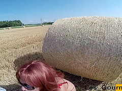 Slutty Redhead Milf Sucks In A Field With A Buttplug. Huge Facial Cumshot