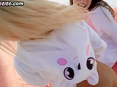 Petite 21yo chicks 3some fucked outdoor by big cock guy