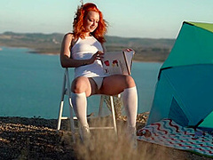 Redhead Girl In White Panties Masturbate On A Hill