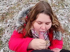 Cute Bbw Sucked Off In Nature And Got Cum In Her Mouth - Teases With Big Natural Tits