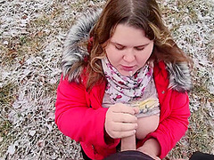 Cute Bbw Sucked Off In Nature And Got Cum In Her Mouth - Teases With Big Natural Tits