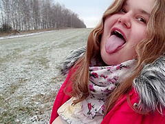 Cute Bbw Sucked Off In Nature And Got Cum In Her Mouth - Teases With Big Natural Tits
