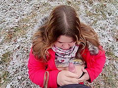 Cute Bbw Sucked Off In Nature And Got Cum In Her Mouth - Teases With Big Natural Tits