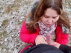 Cute Bbw Sucked Off In Nature And Got Cum In Her Mouth - Teases With Big Natural Tits