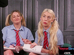 College uniform voyeur babes tease jerker who jerks on them